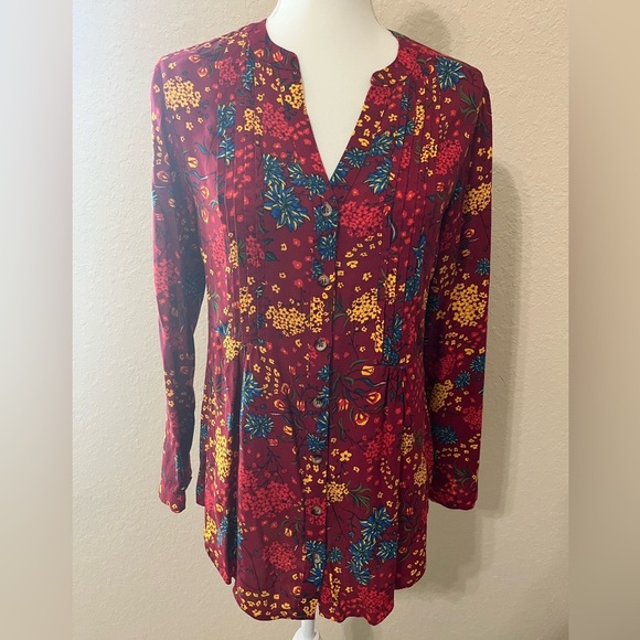 Anthropologie Maeve Red Floral Viscose Button Printed Pintucked Blouse Sz S - Picture 3 of 10